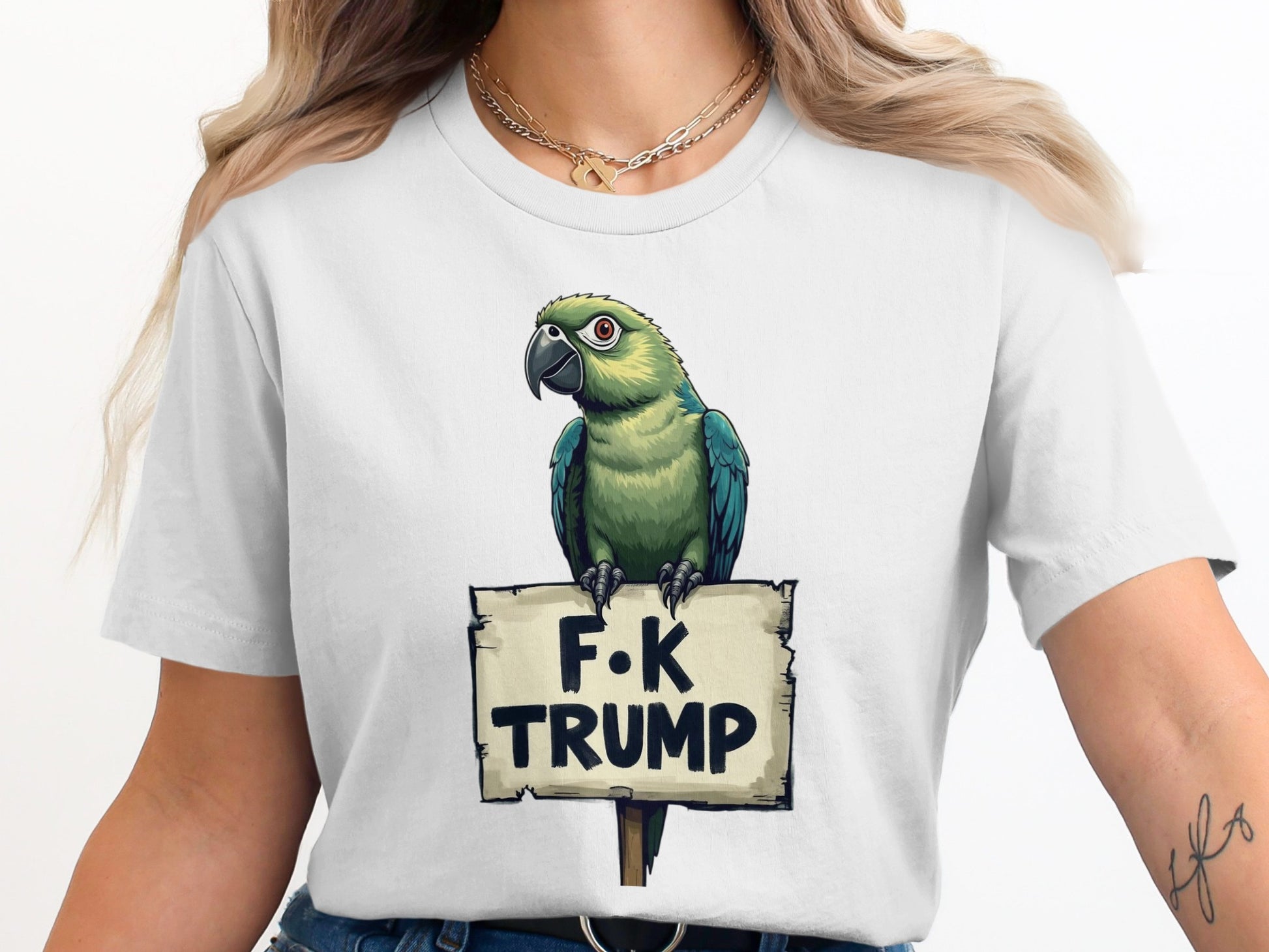 Parrot Holding F*K Trump Sign on T-Shirt product type