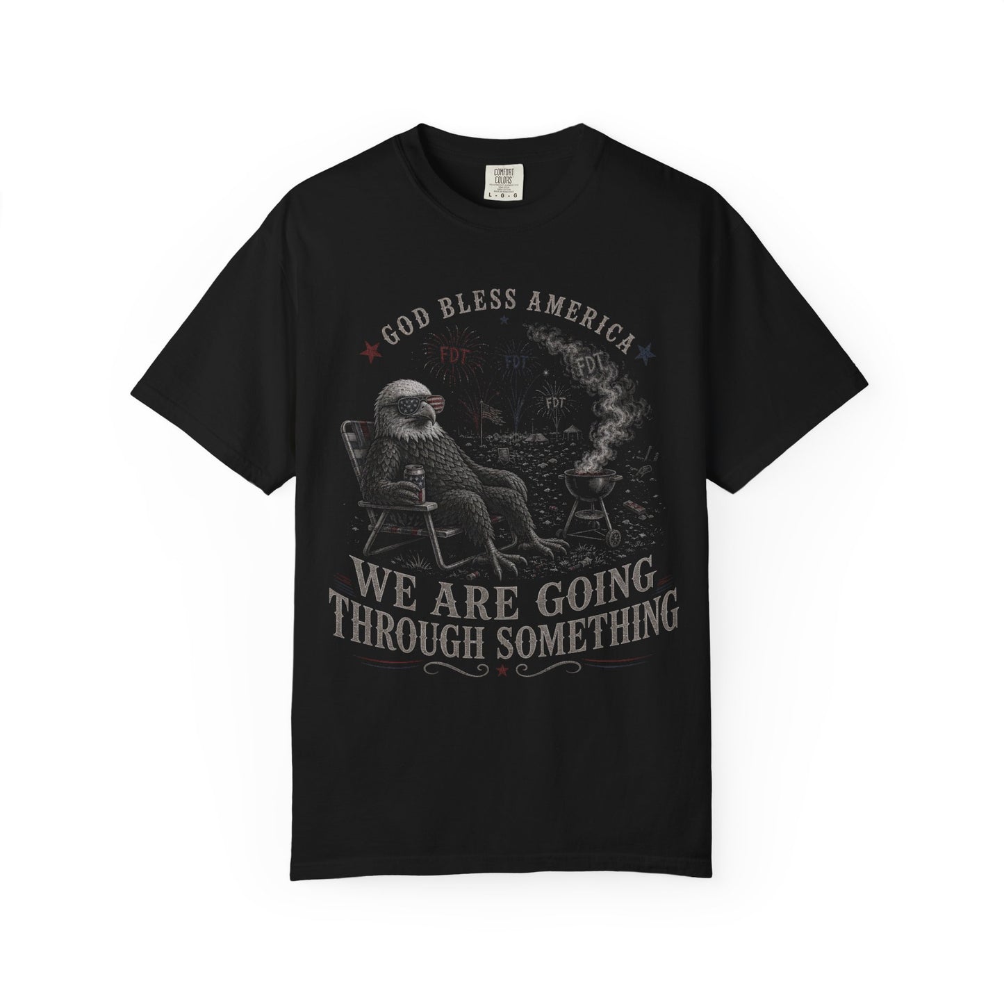 Black t-shirt with patriotic eagle graphic, "God Bless America" and text.