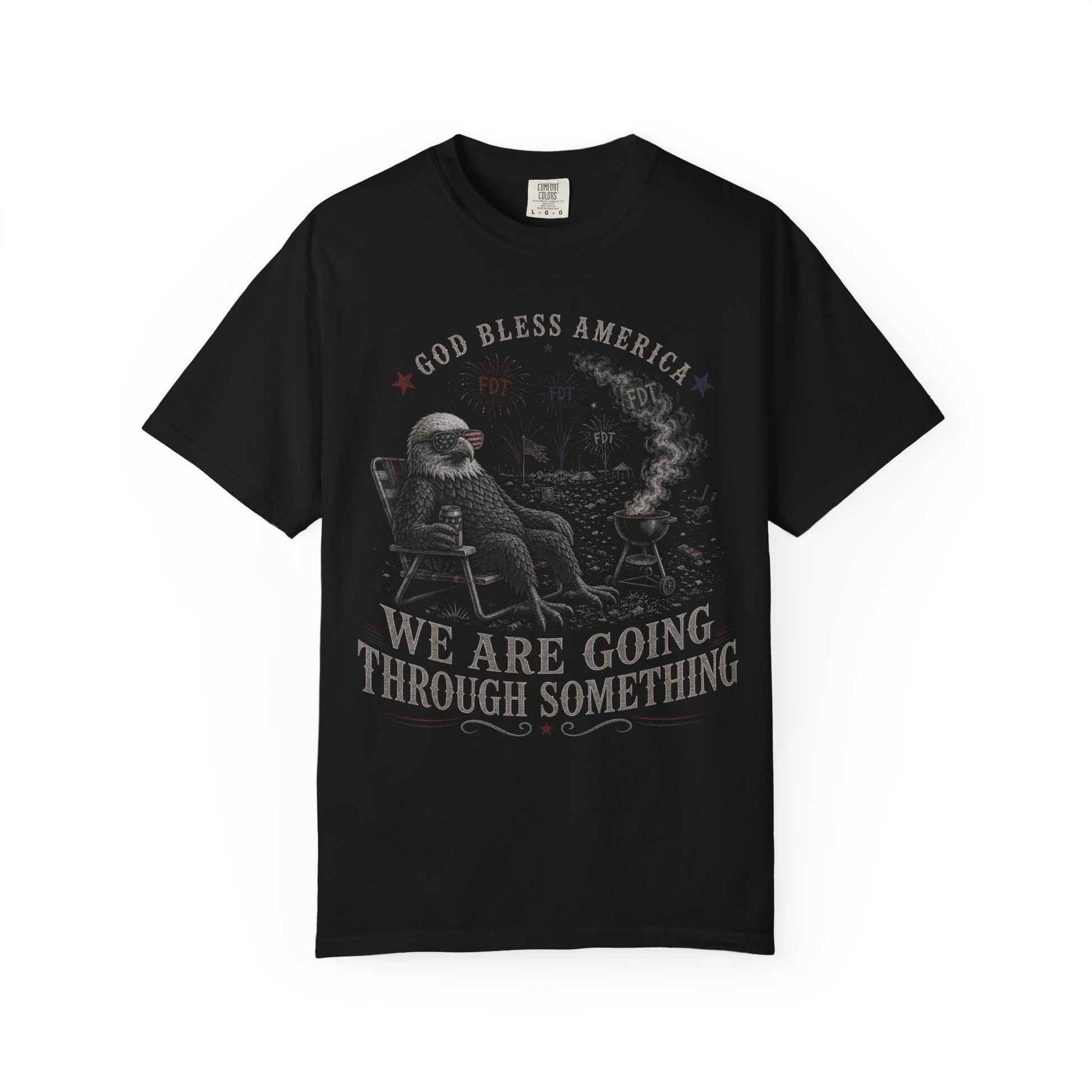 Black t-shirt with patriotic eagle graphic, "God Bless America" and text.