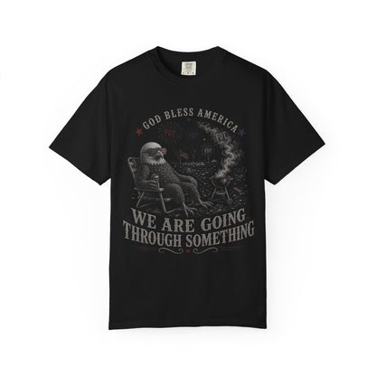 Black t-shirt with patriotic eagle graphic, "God Bless America" and text.