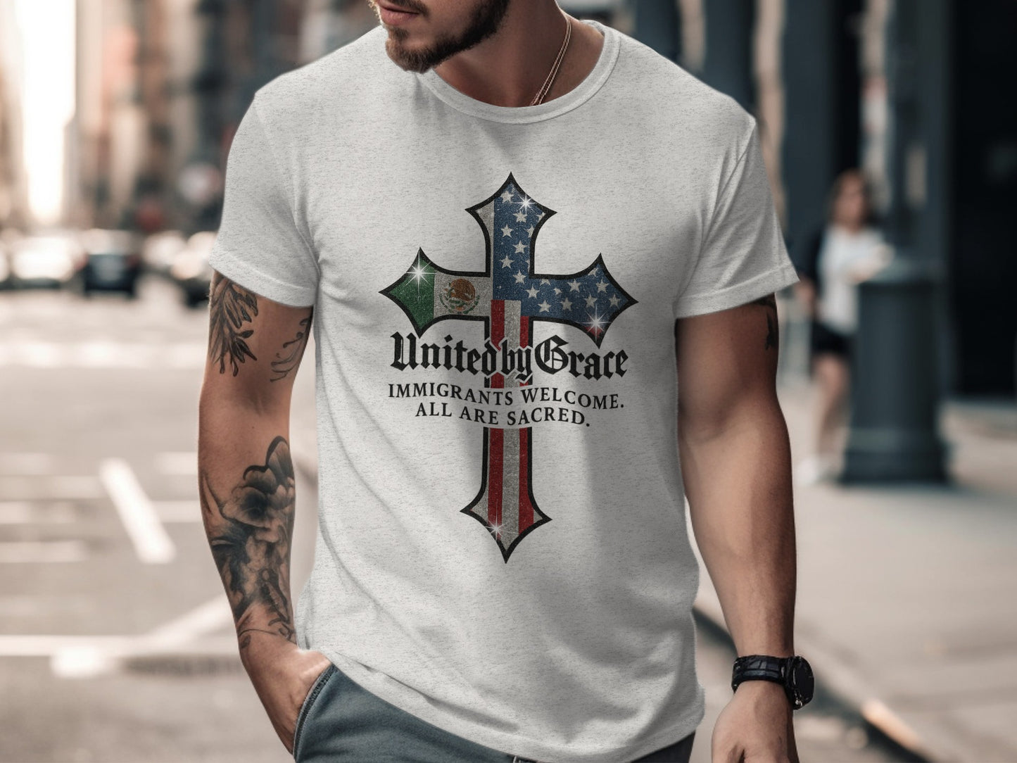 United by Grace Cross Immigrants Welcome All are Sacred product type