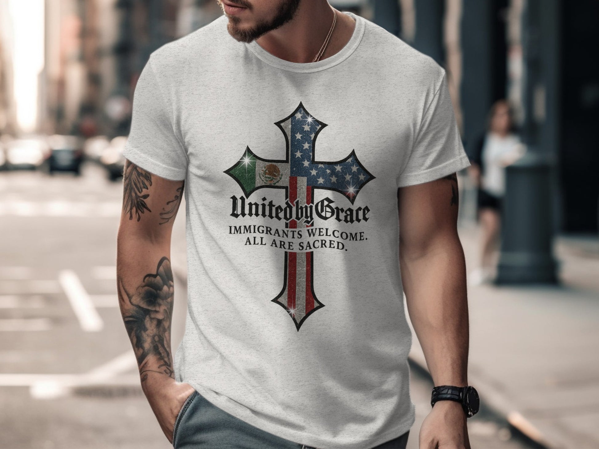 United by Grace Cross Immigrants Welcome All are Sacred product type
