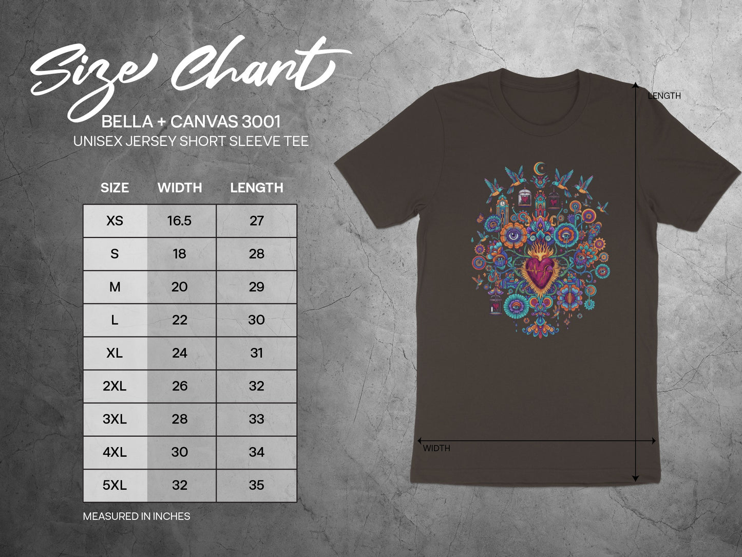 Bella + Canvas 3001 Tee Design Size Chart product type