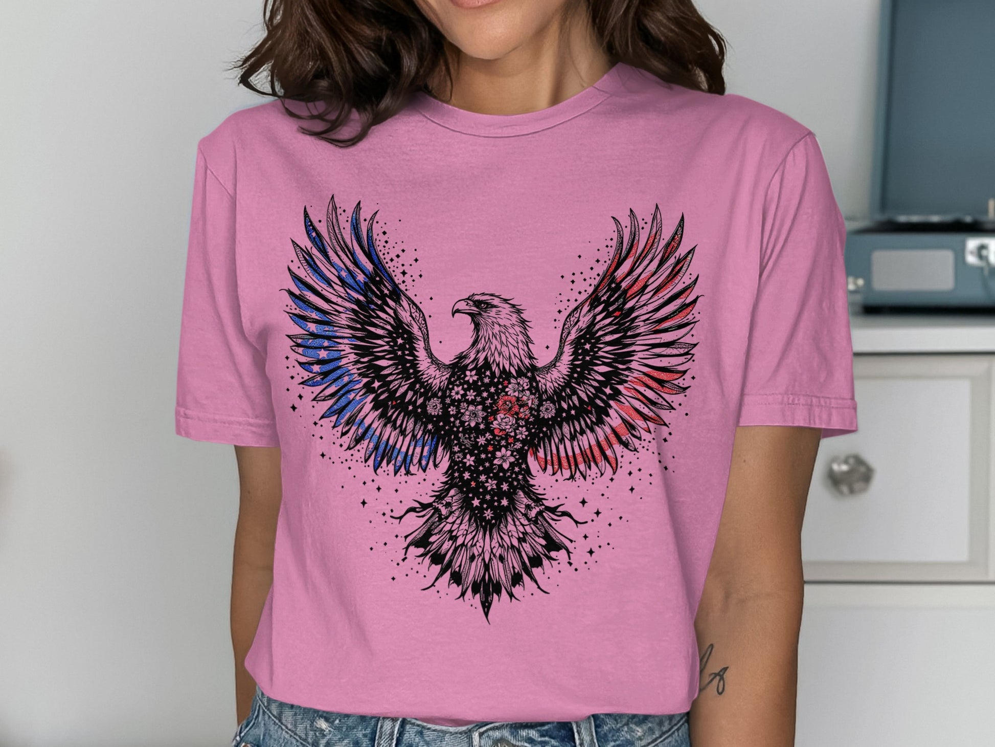 Pink T-shirt with Eagle and Stars Graphic Print product type