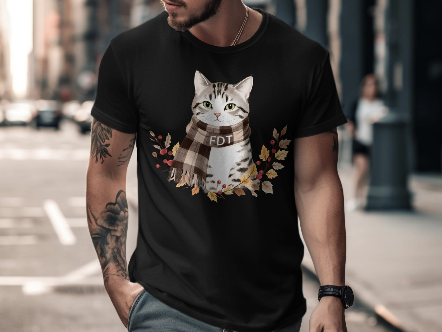 Cute Cat with Scarf Graphic Short Sleeve T-shirt