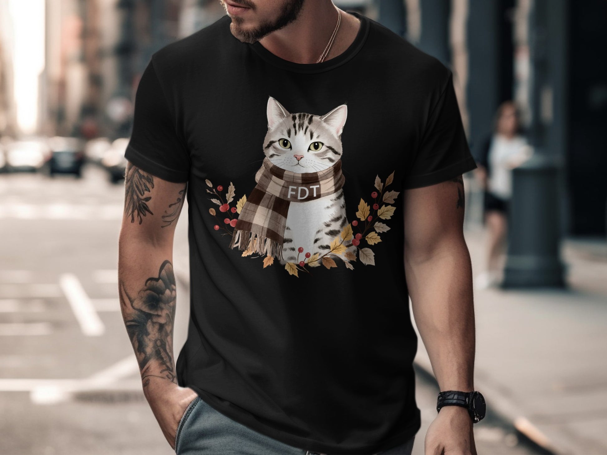 Cute Cat with Scarf Graphic Short Sleeve T-shirt
