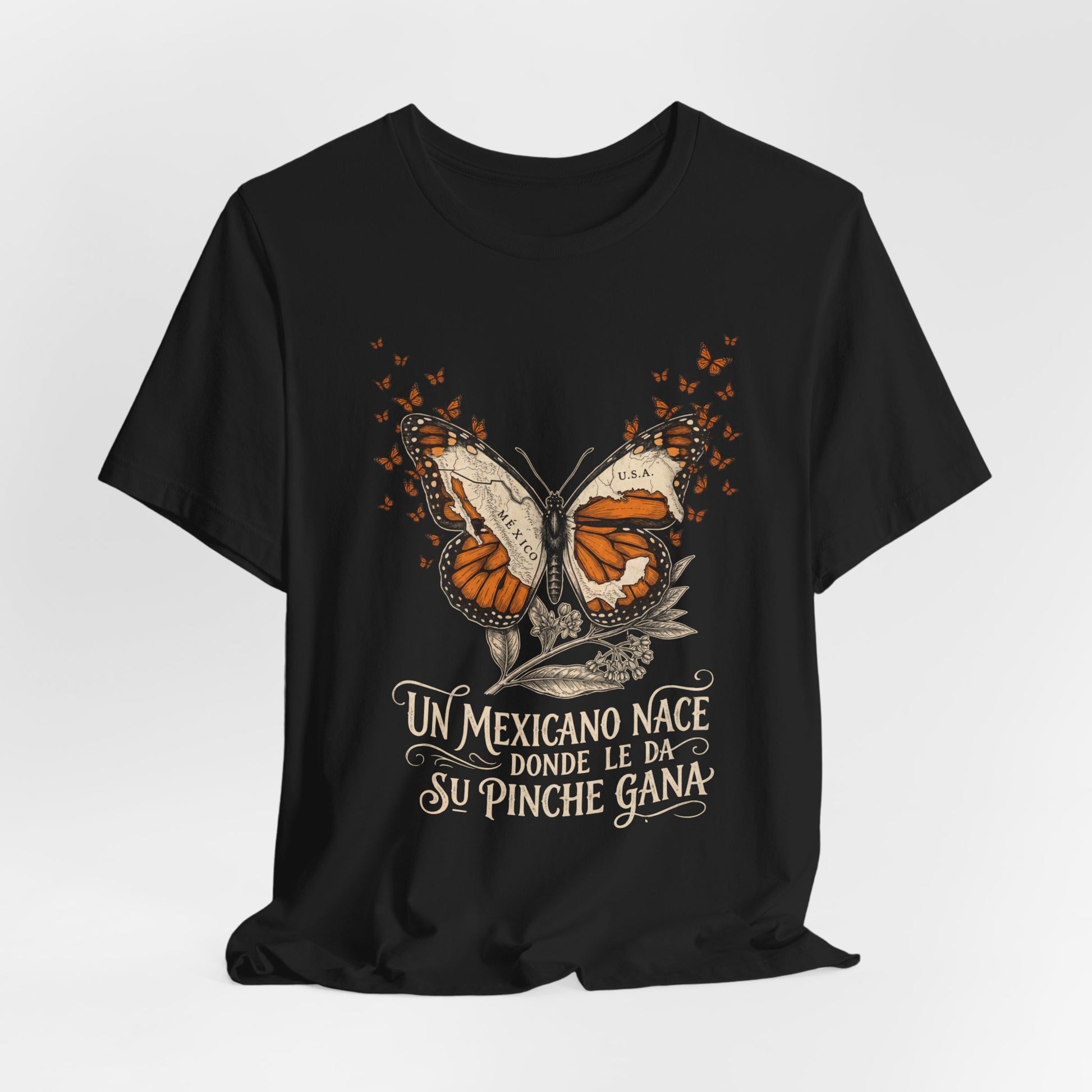 Black t-shirt with monarch butterfly map of Mexico and "Un Pinche Gana" text.