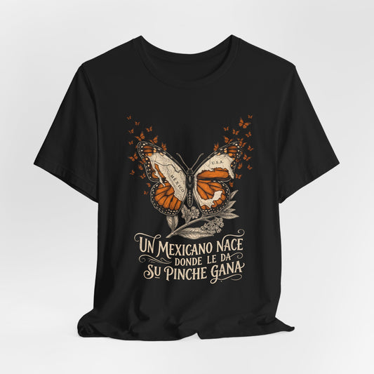 Black t-shirt with monarch butterfly map of Mexico and "Un Pinche Gana" text.