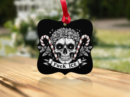 Fuck ICE Skull with Candy Canes Ornament