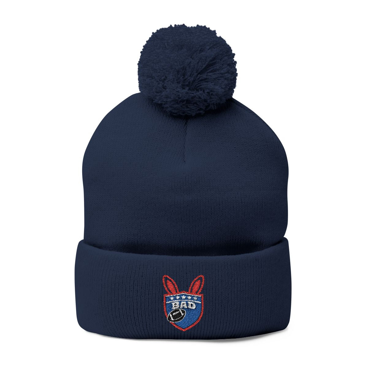 Navy Blue Pom-pom Beanie with Embroidered Badge Hat