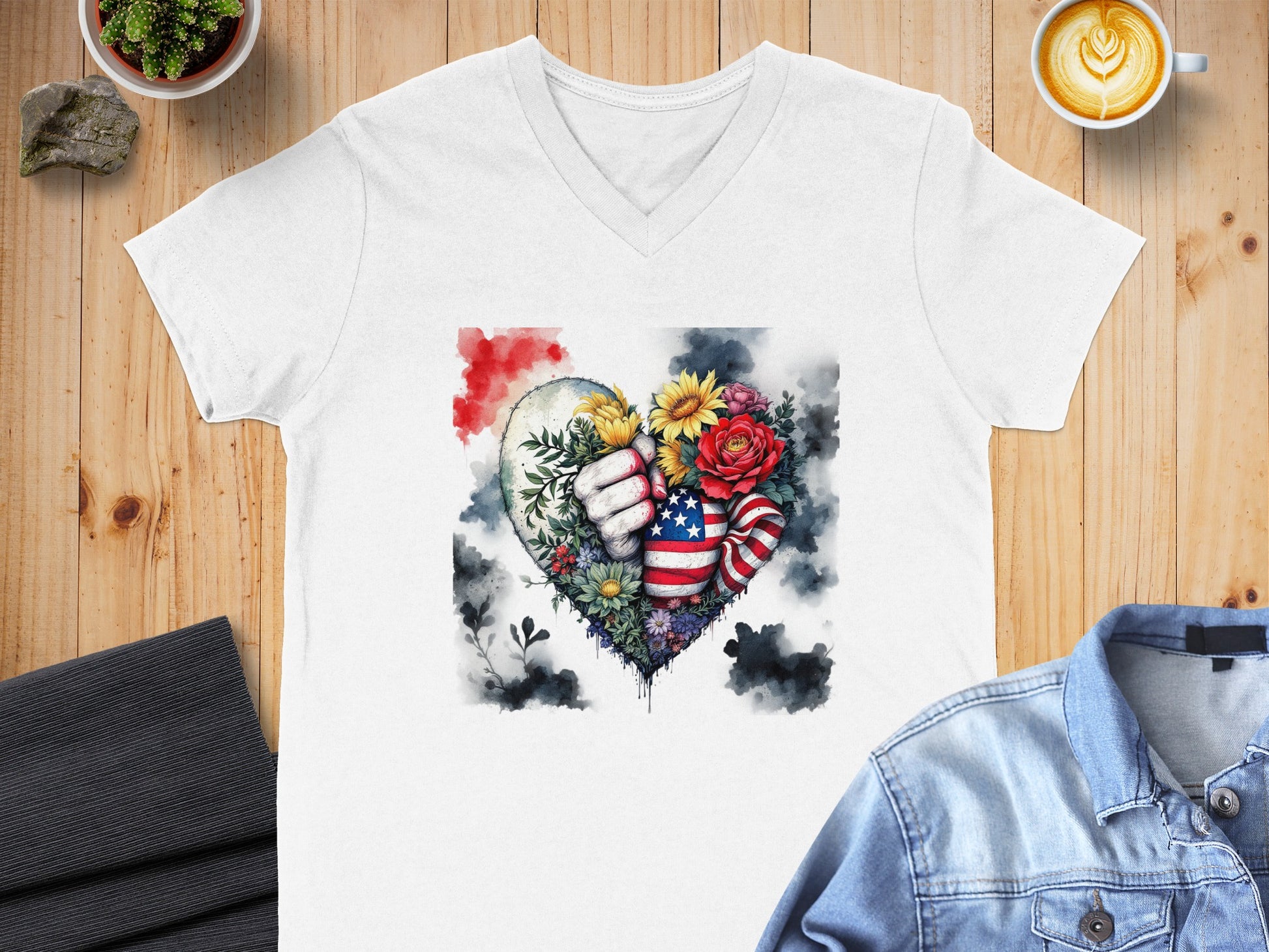 Floral and Flag Heart Design Unique Graphic T-Shirt Product