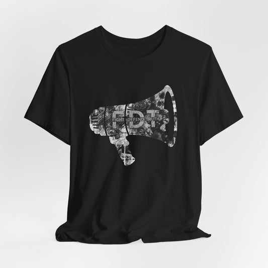 Black t-shirt with a white megaphone graphic featuring text.