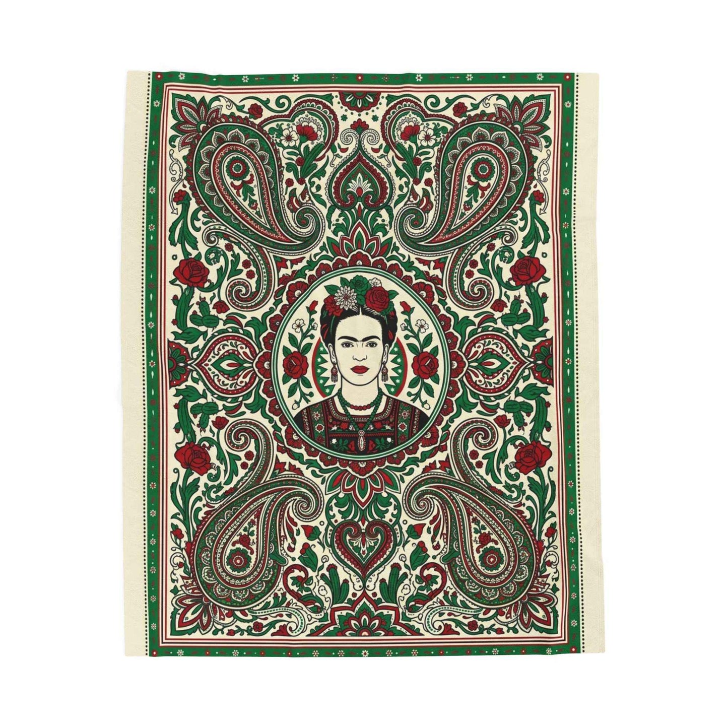 Frida Kahlo Art Blankets, Bohemian Paisley Throw Blanket, Mexican Folk Art Decor, Vibrant Red Green Floral Pattern, Artistic Icon Living