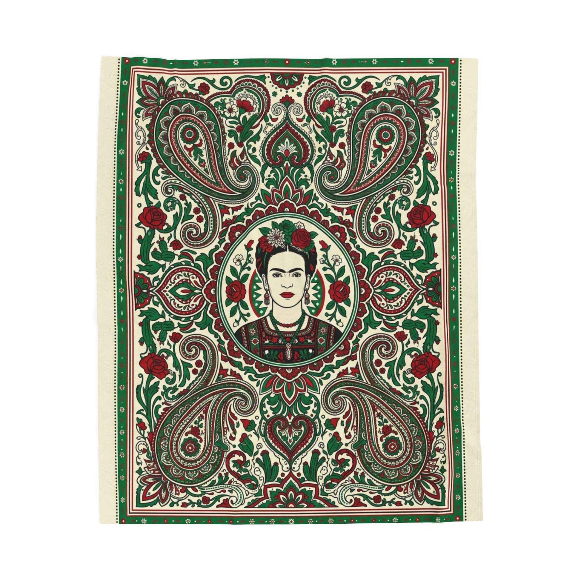 Frida Kahlo Art Blankets, Bohemian Paisley Throw Blanket, Mexican Folk Art Decor, Vibrant Red Green Floral Pattern, Artistic Icon Living