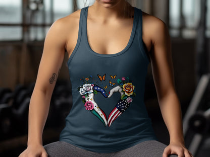 Heart Shaped Design with Floral and Flag Elements Tank Top