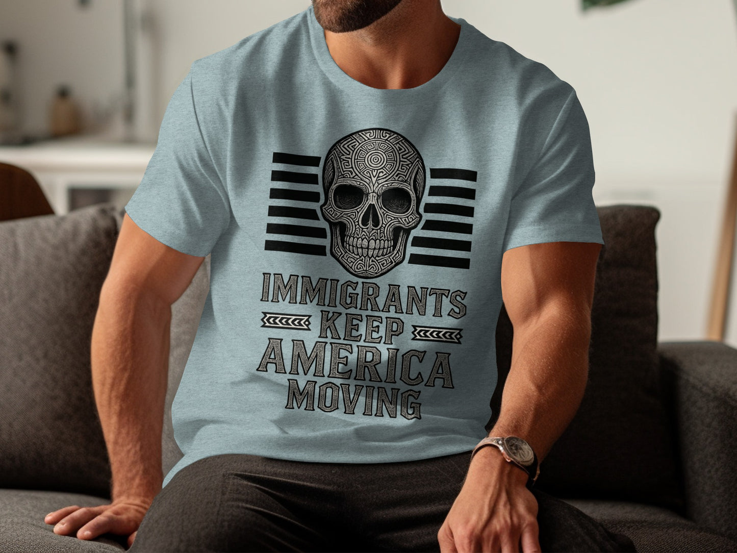 Immigrants Keep America Moving Skull Design T-Shirt