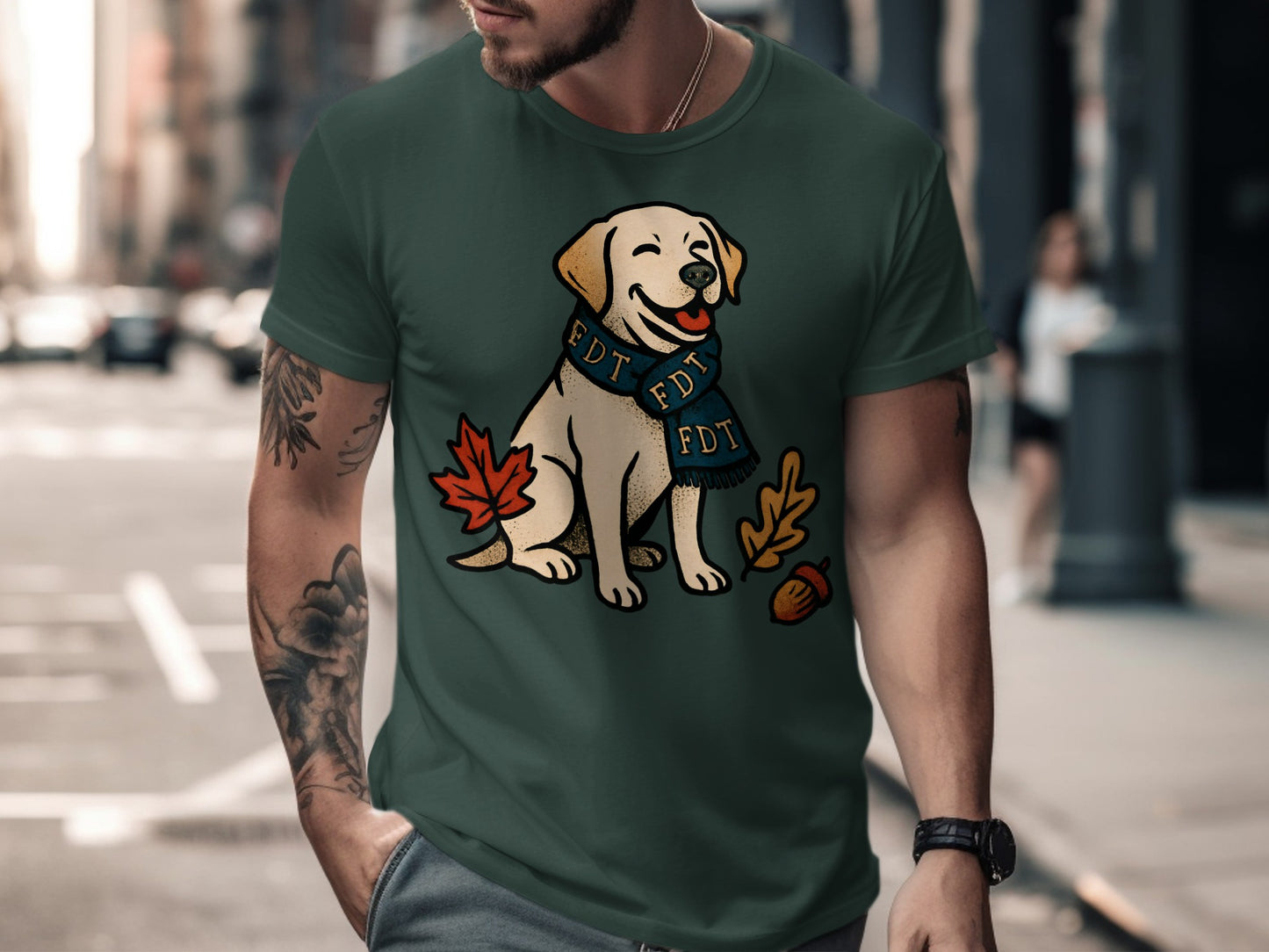Happy Dog with Leaves and FDT Print Design T-shirt