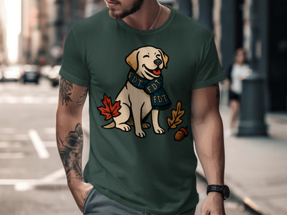 Happy Dog with Leaves and FDT Print Design T-shirt
