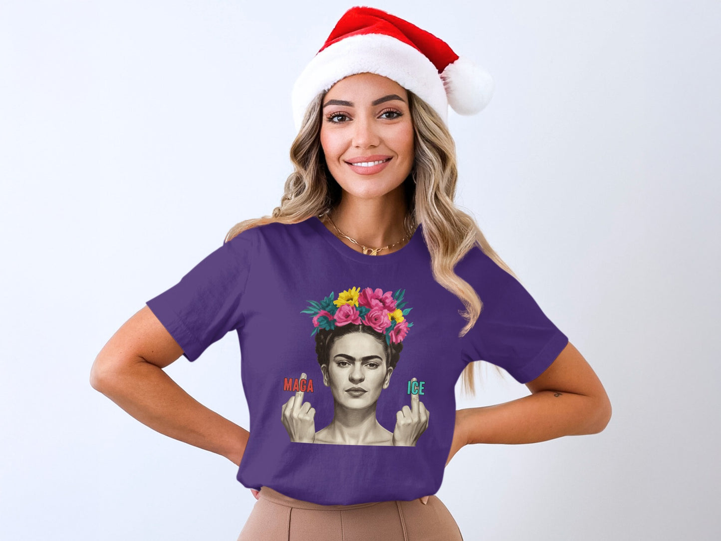 Colorful Frida Kahlo Santa Hat Wearing Woman T-shirt
