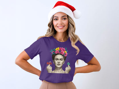Colorful Frida Kahlo Santa Hat Wearing Woman T-shirt