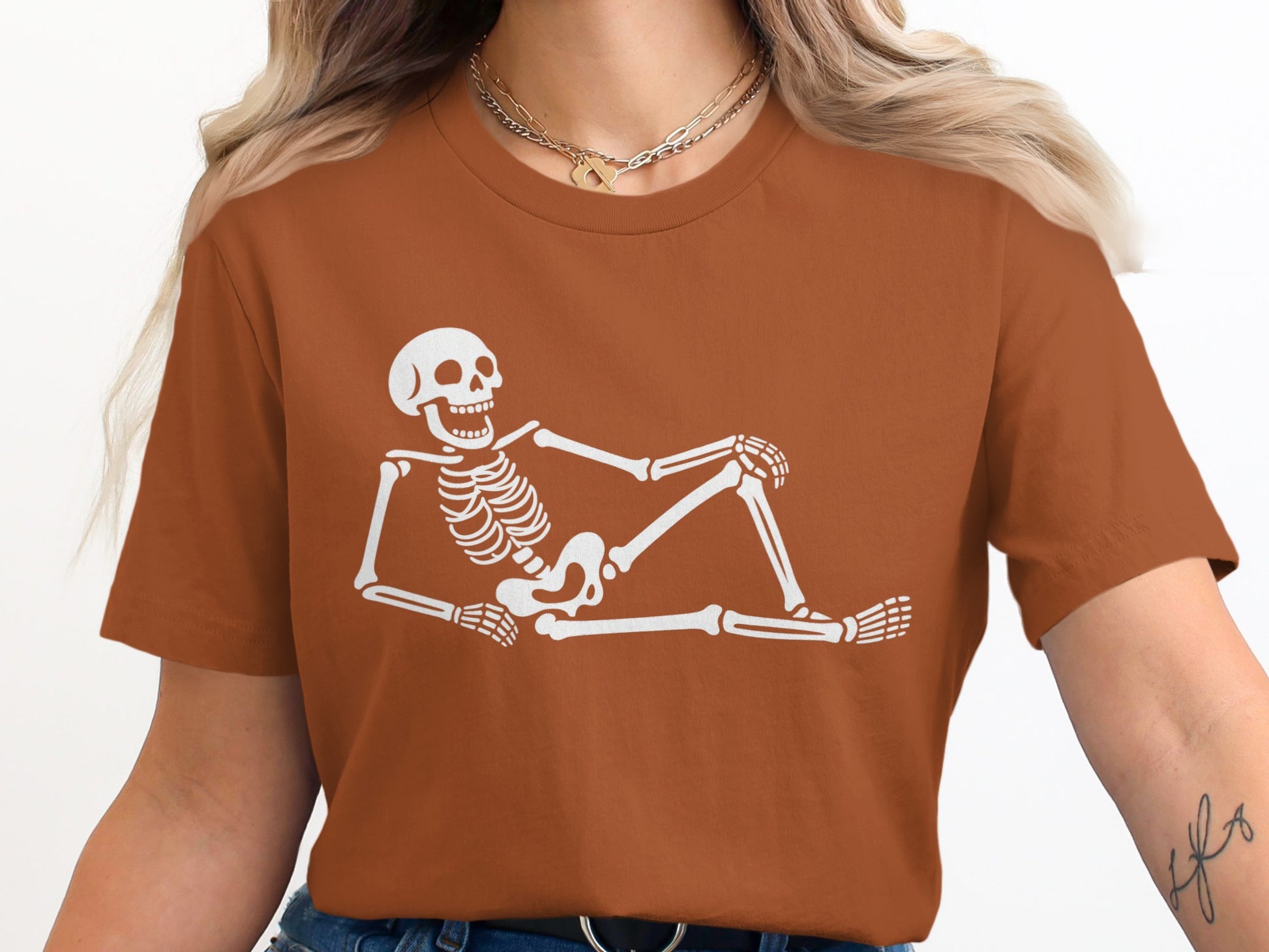 Relaxing Skeleton Graphic on Brown T-Shirt product