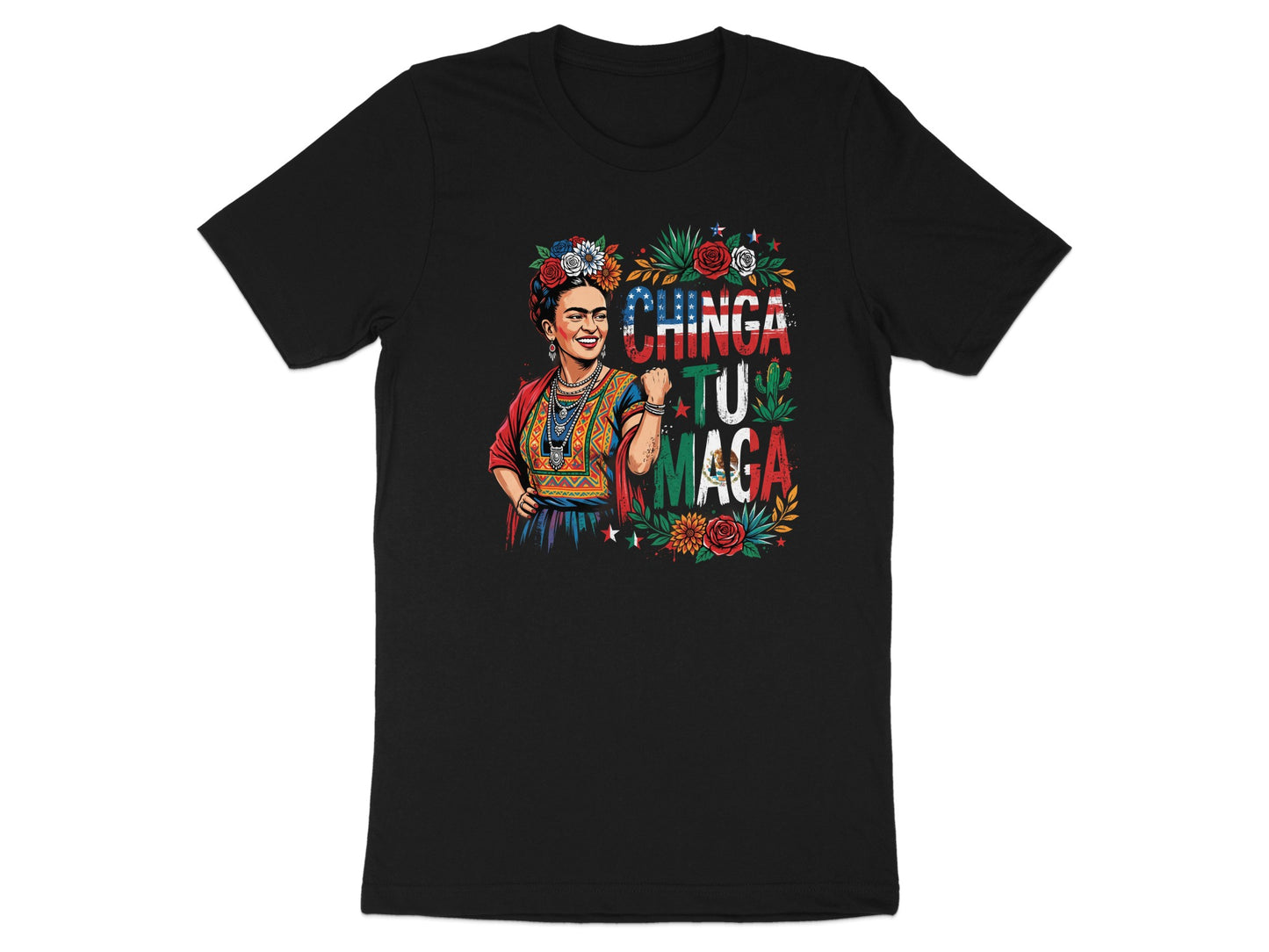 Frida Kahlo with "Chinga Tu Madre" text and floral accents.