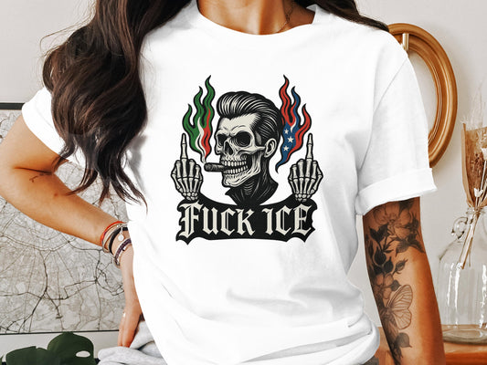 Provocative Skeleton Design Anti-ICE Statement T-shirt