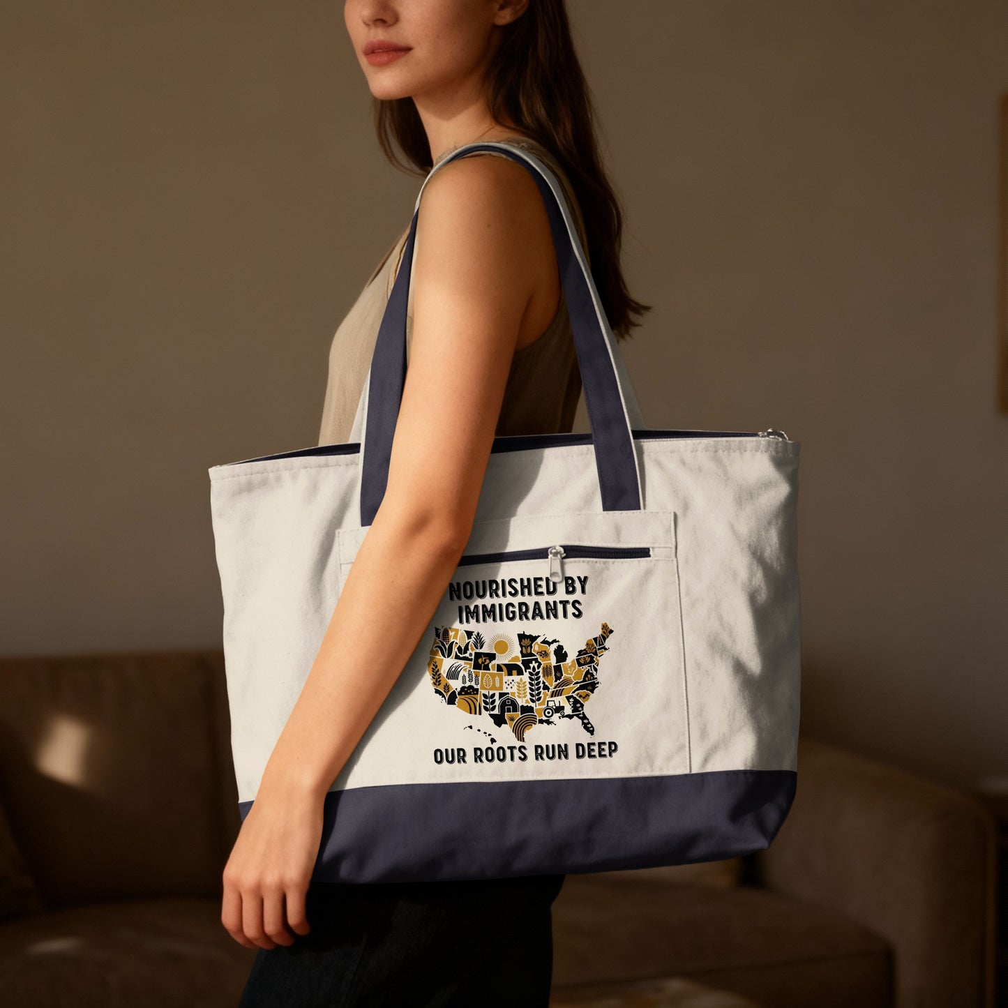 Tote bag with "Nourished by Immigrants" and "Our roots run deep" text.