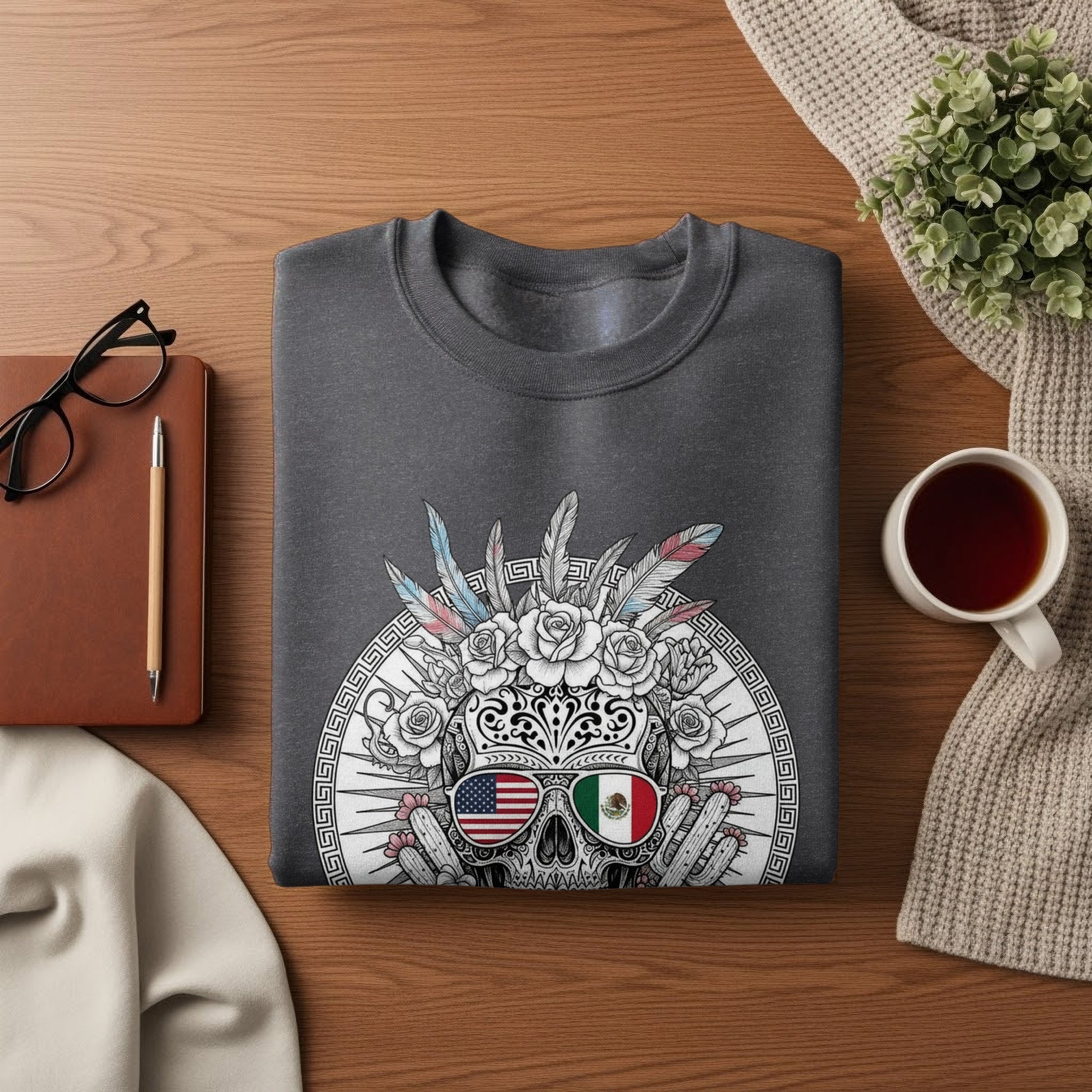 Skull Art with USA and Mexico Flags Sweatshirt