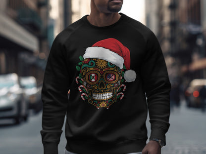 Festive Sugar Skull with Santa Hat Holiday Sweatshirt