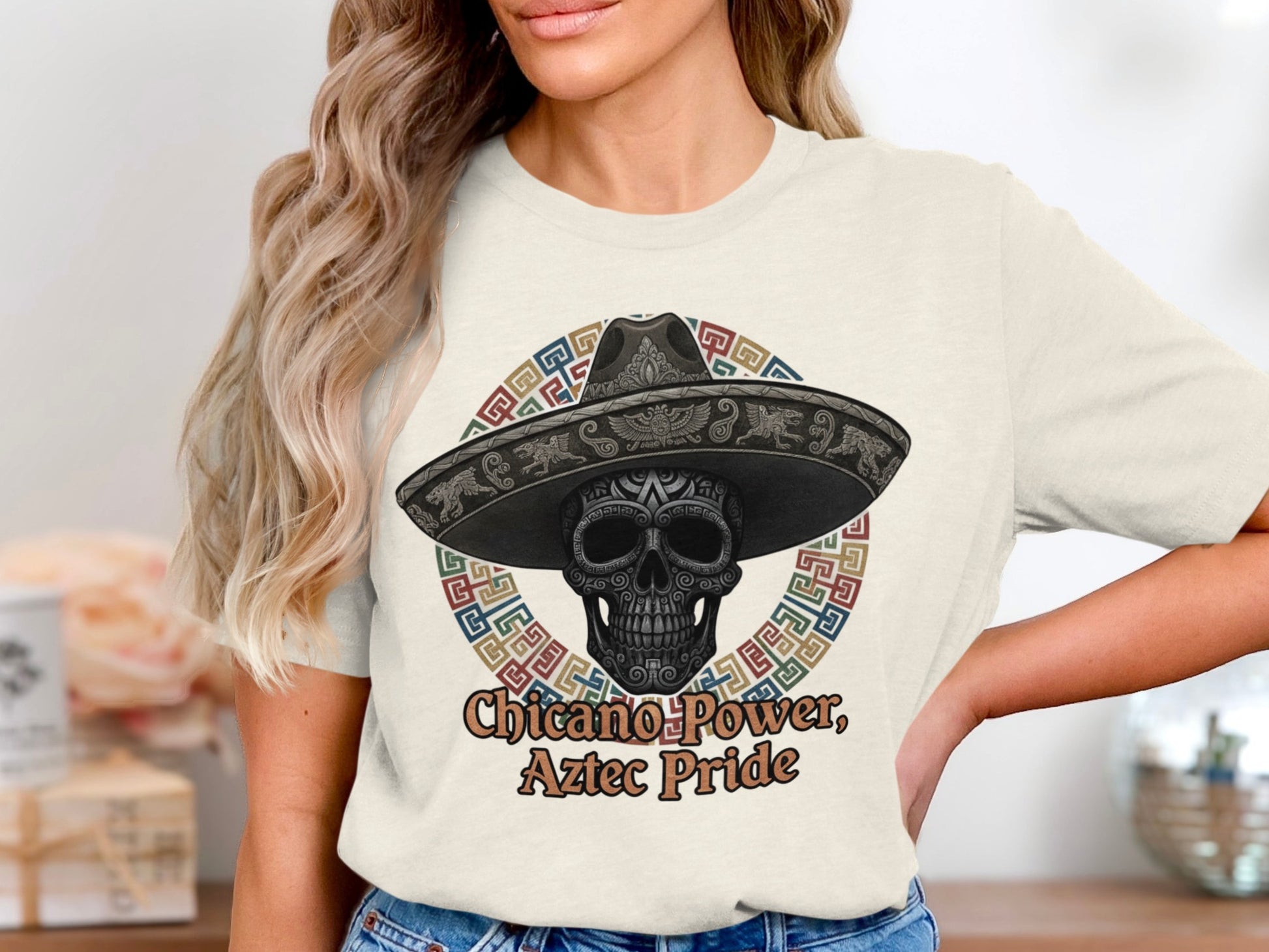 Chicano Power Aztec Pride Skull with Hat Graphic Shirt
