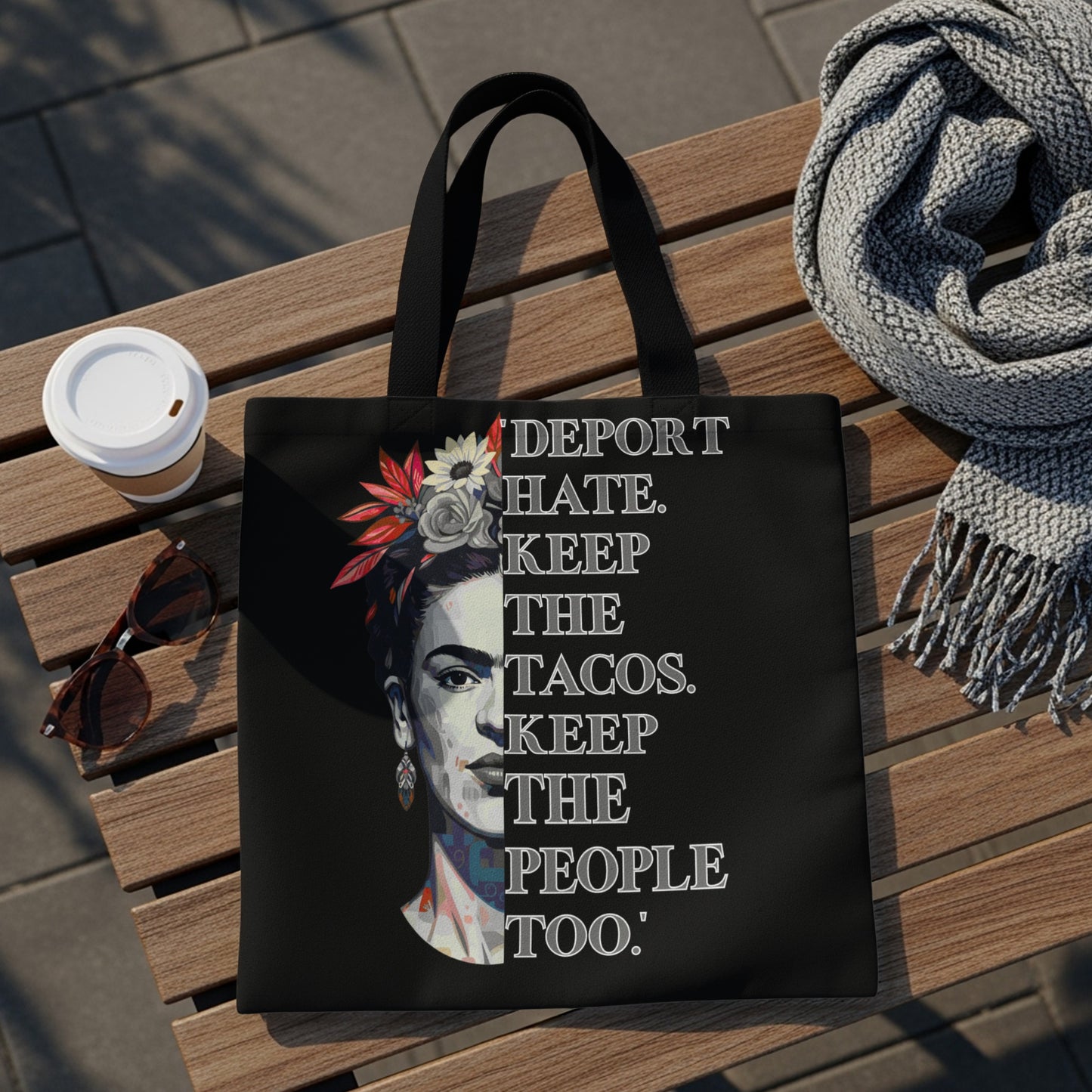 Tote bag with Frida Kahlo portrait and text "Deport hate. Keep the tacos. Keep the people too."