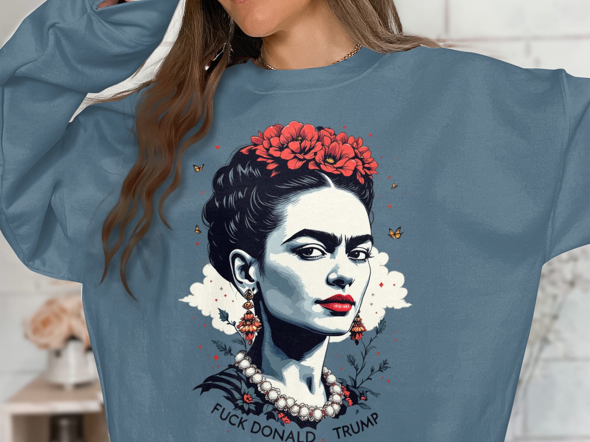 Frida with Flowers and Butterflies Artistic Sweater