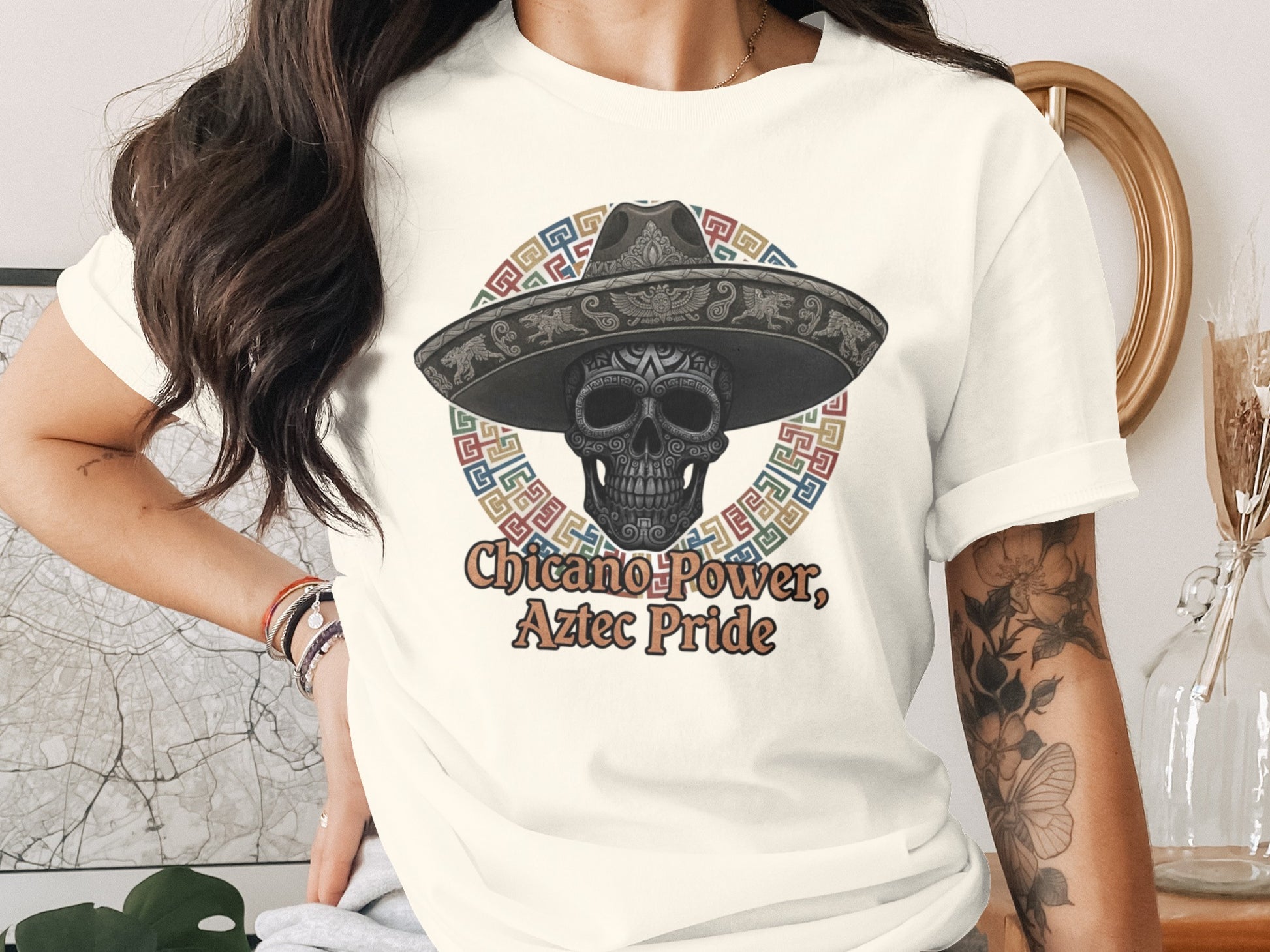 Chicano Power Aztec Pride Skull Artwork T-Shirt