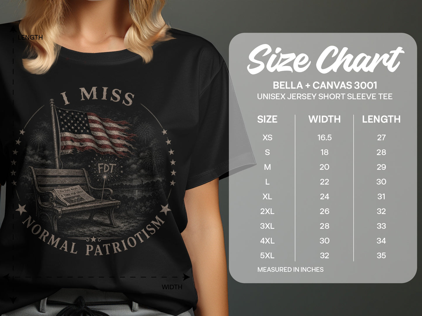 T-shirt graphic with flag, bench, and "I Miss Normal Patriotism" text; size chart.