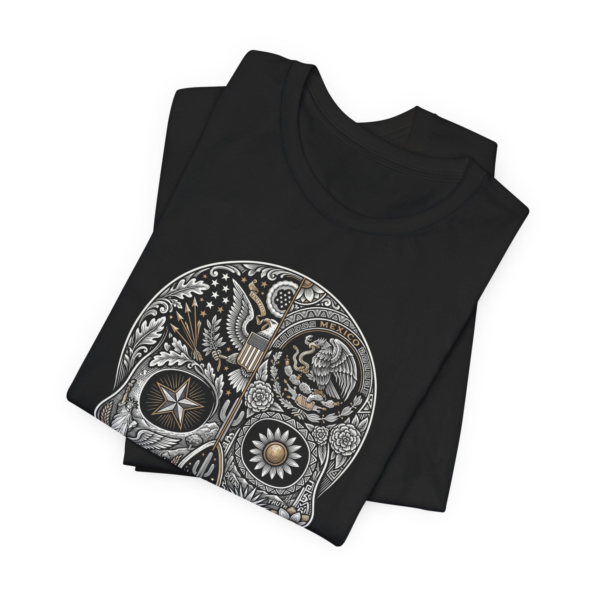 Black t-shirt with a detailed sugar skull design featuring eagles and floral motifs.