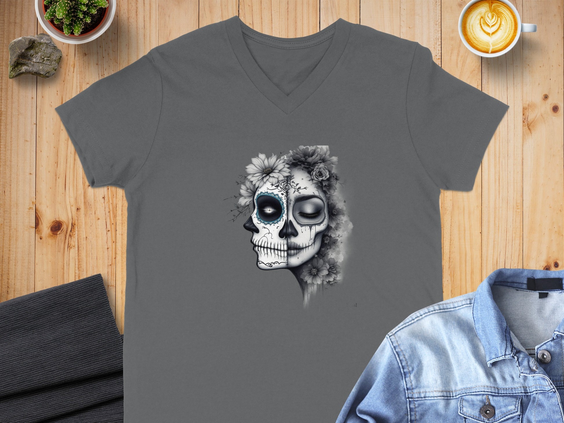 Floral Half Skull Art Grey V-Neck T-Shirt product