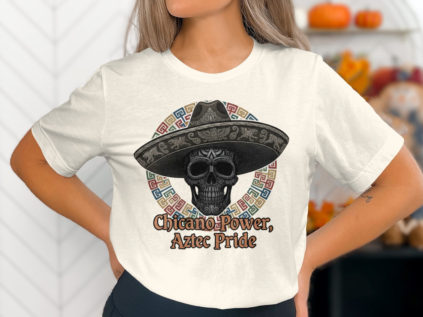 Chicano Power Aztec Pride Skull Graphic T-Shirt