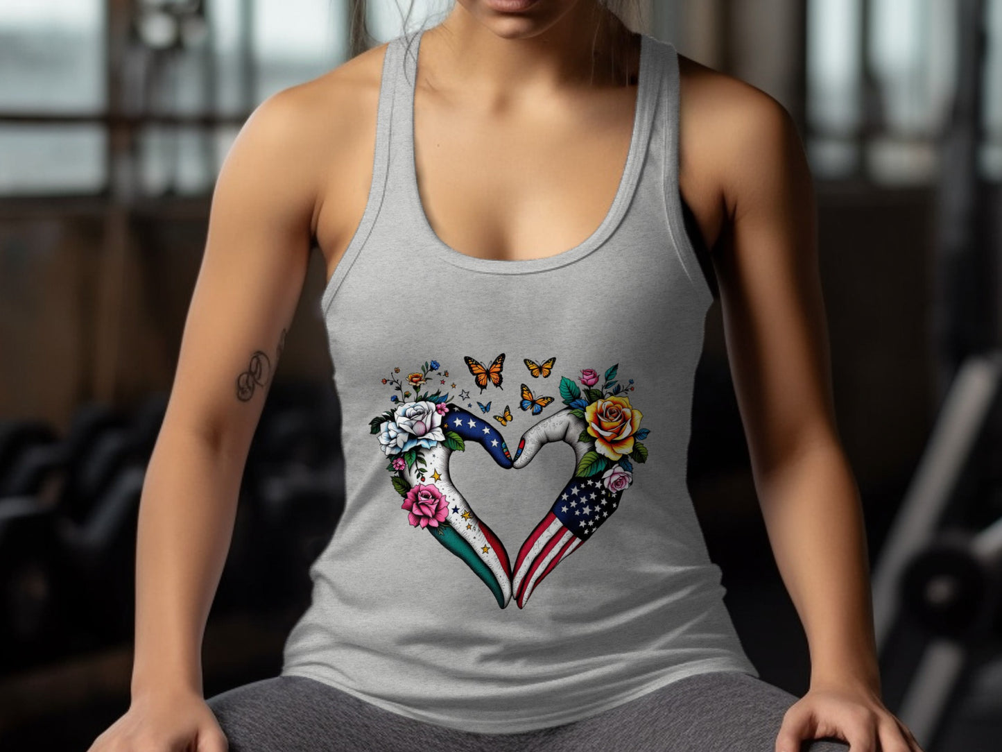 Heart Shaped USA Flag with Butterflies Tank Top