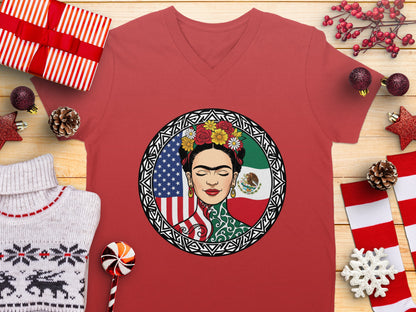 Frida Kahlo Inspired Graphic V Neck Short Sleeve Shirt