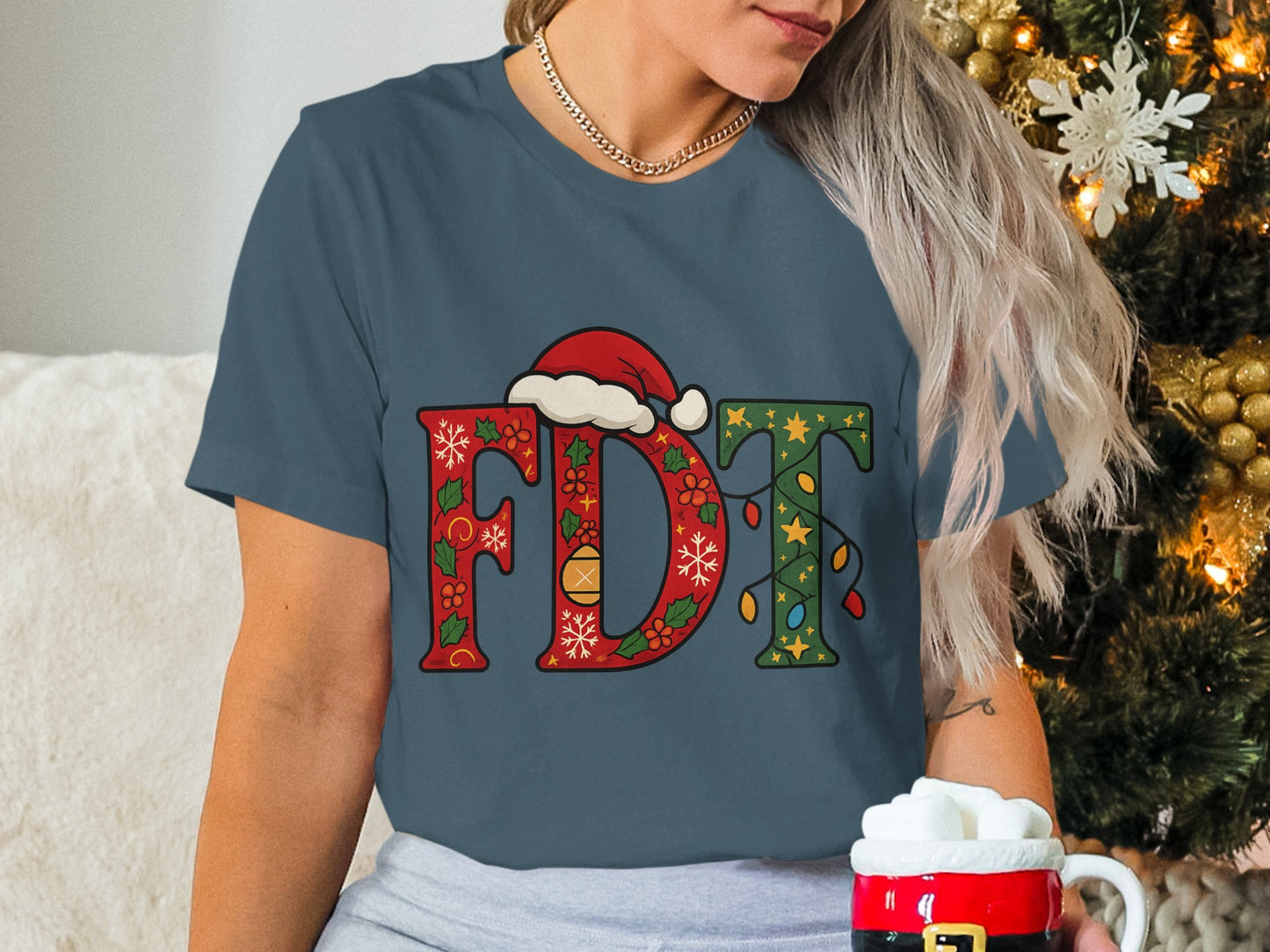 Festive FDT Letters with Santa Hat Christmas Shirt