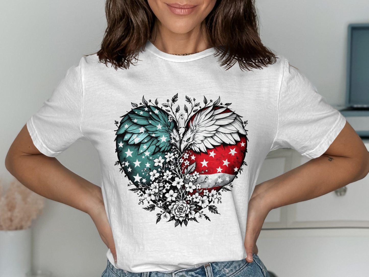 Patriotic American Flag Heart Graphic Print Shirt product