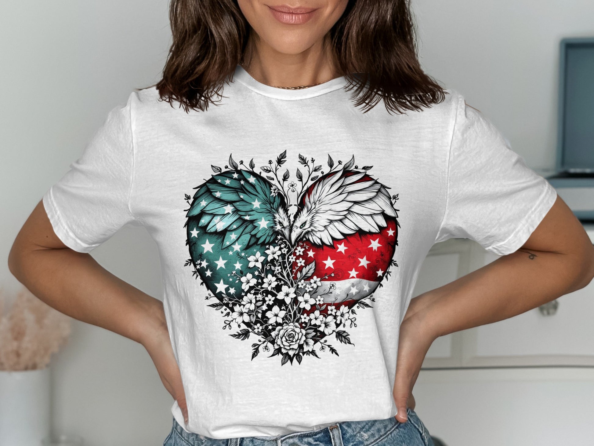Patriotic American Flag Heart Graphic Print Shirt product