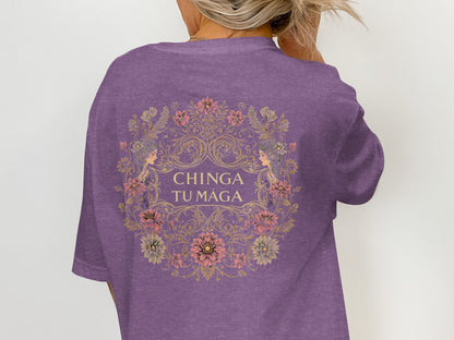 Chinga Tu Maga Graphic Top with Colorful Floral Design