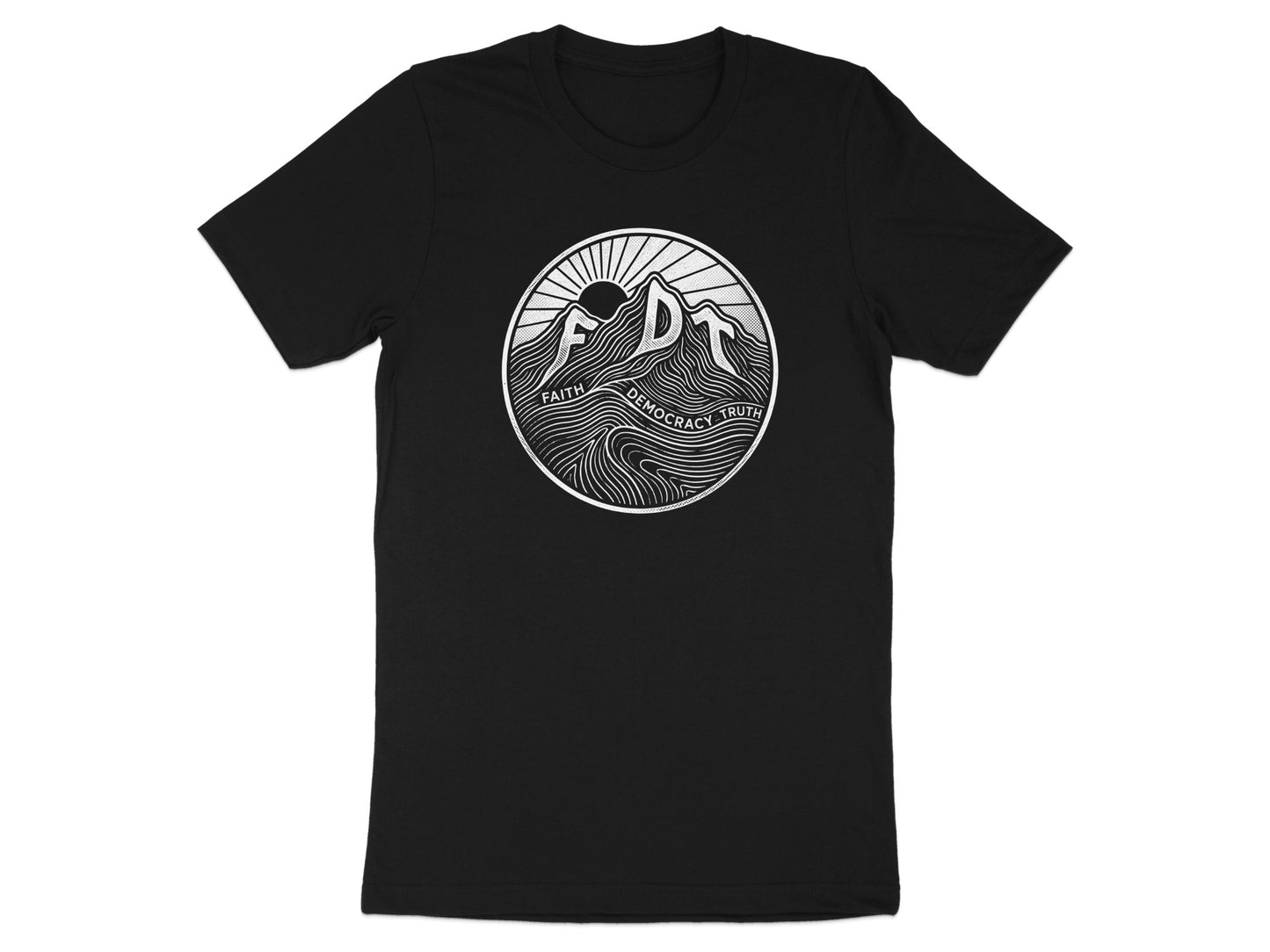 Black t-shirt with a circular sun and mountain logo containing text.