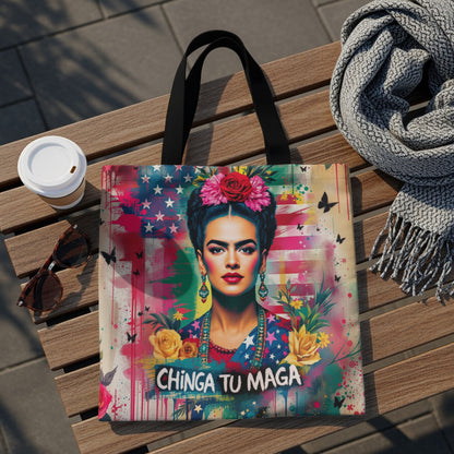 Frida Kahlo tote bag with American flag background and colorful paint splatters.