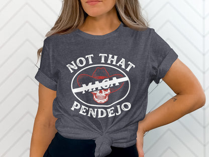 Dark t-shirt with white text and a red crossed-out hat over a skull.