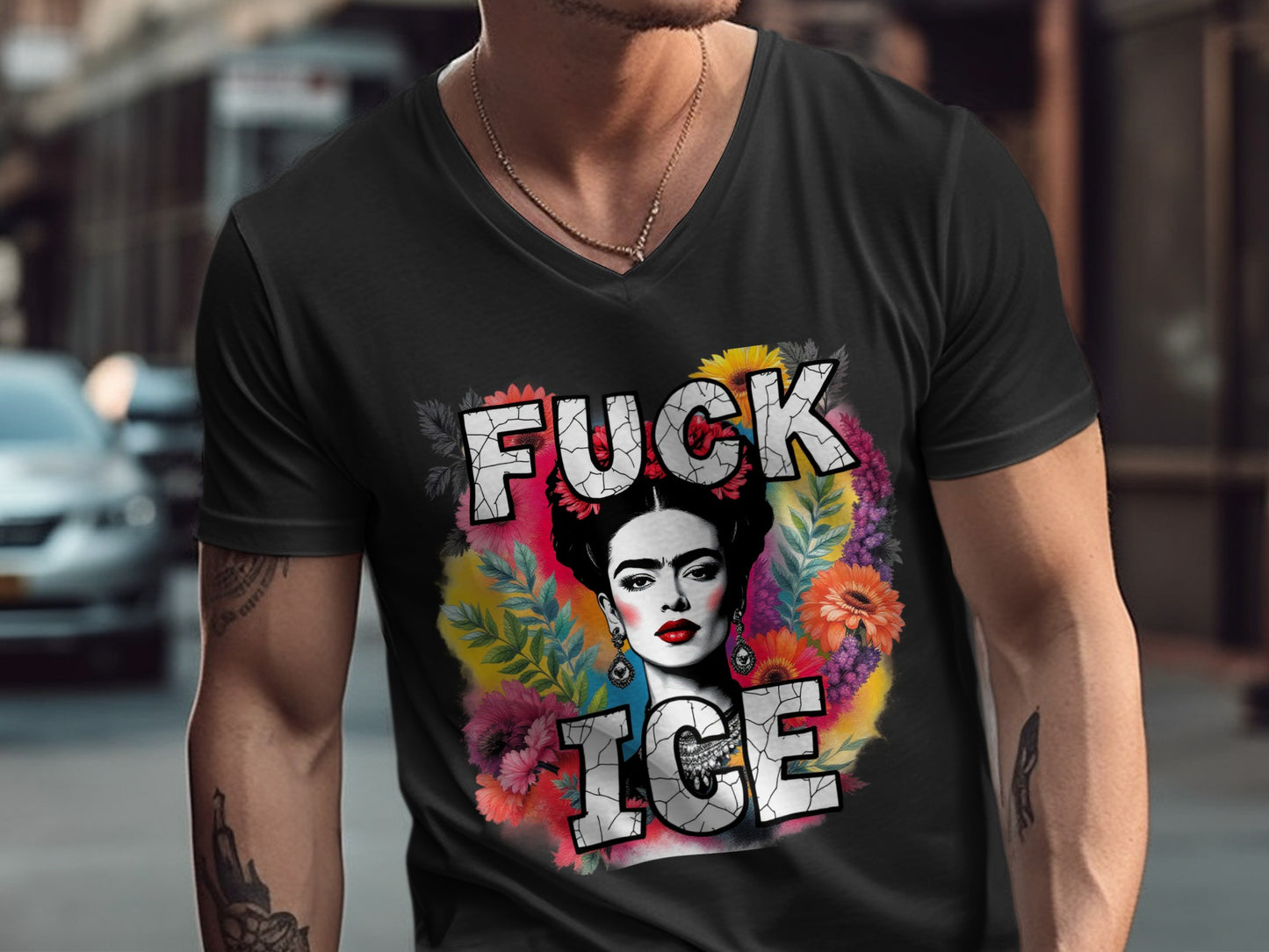 Fuck ICE Graphic T-shirt with Colorful Floral Artwork
