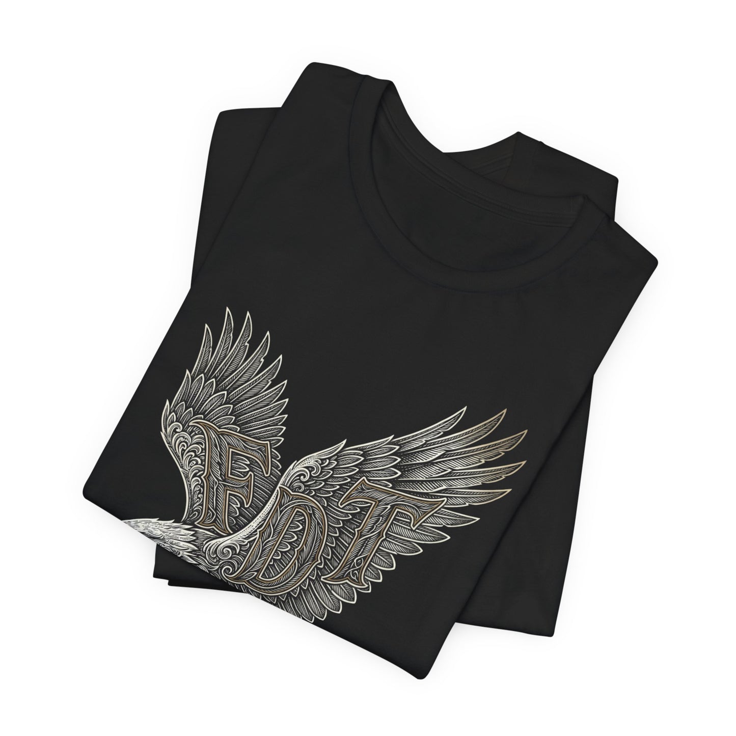 Black t-shirt with folded wings and "EDT" text design.