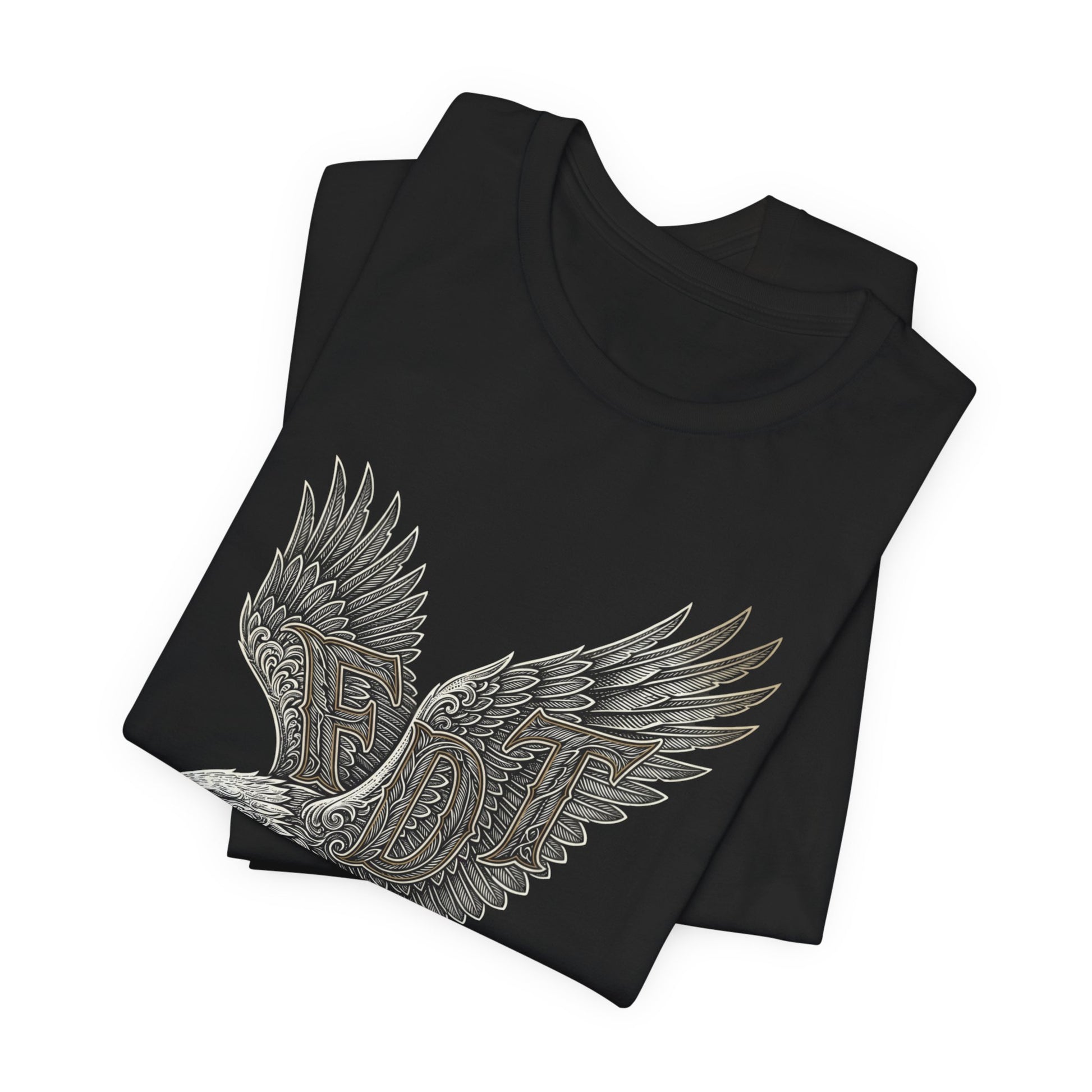Black t-shirt with folded wings and "EDT" text design.